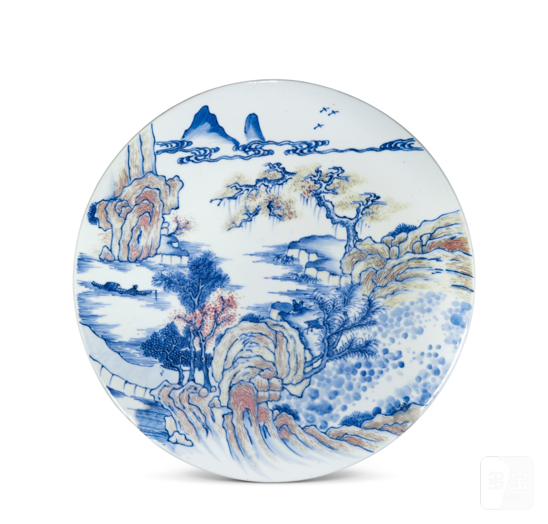 清 青花釉里红山水瓷板